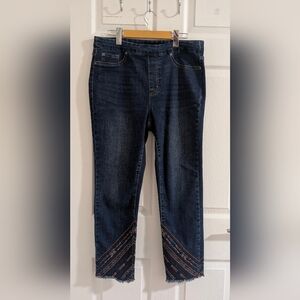 Tribal Jeans Women 10 Blue Embroidered Raw Hem Rhinestone Boho Pull On Stretch
